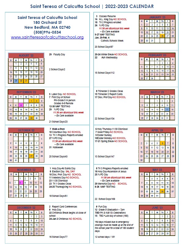 Calendars | Saint Teresa of Calcutta School